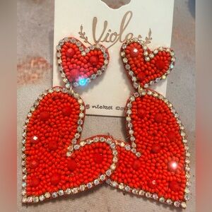 Red Heart Dangle Beaded and Rhinestone Earrings New